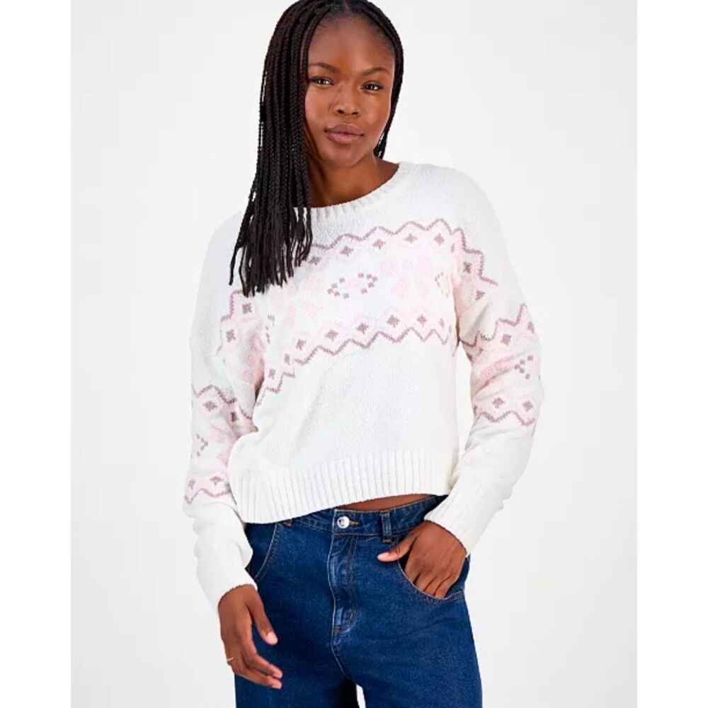 Hippie Rose Cream Junior's Patterned Knit Chenille Crewneck Sweater Size S NWT